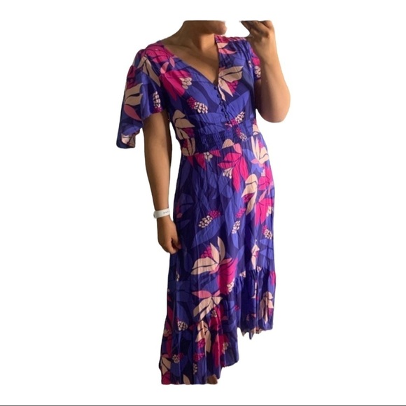 NWT ABEL THE LABEL Anthro Purple Floral Santa Cruz Short Sleeve Midi Dress XS - Picture 4 of 10